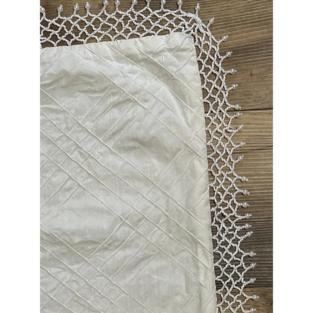 Throw Pillow Cover ONLY Beaded Pearly Dangly Satiny Off White Crocheted Trim 18